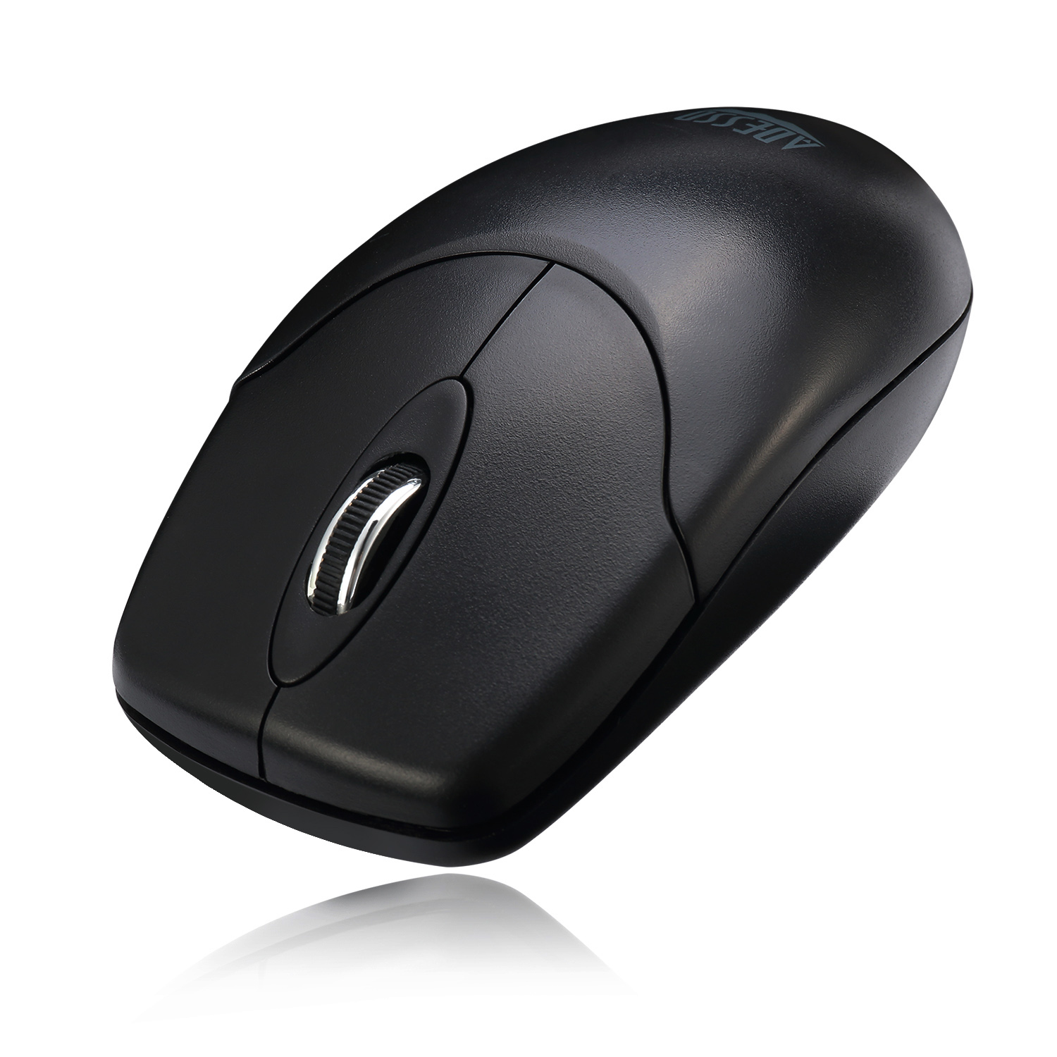 Un mouse nero su una superficie bianca con riflesso.