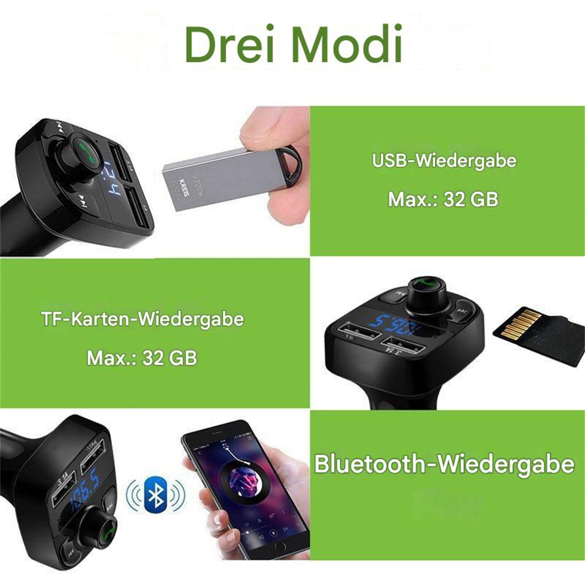 Gerät mit mehreren Funktionen. USB, TF-Kartenwiedergabe und Bluetooth. Optionen werden angezeigt.