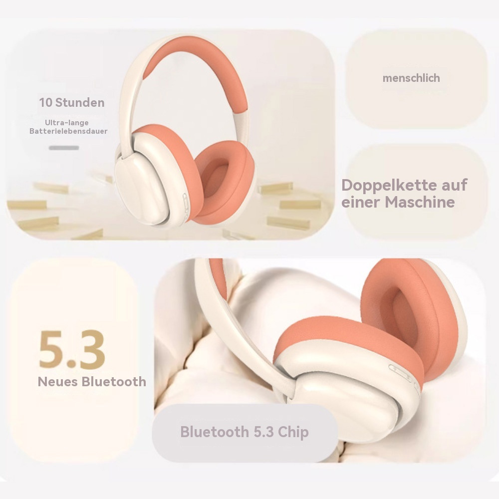 Weiße und korallenfarbene Kopfhörer mit Text zu Bluetooth 5.3 und langer Akkulaufzeit.
