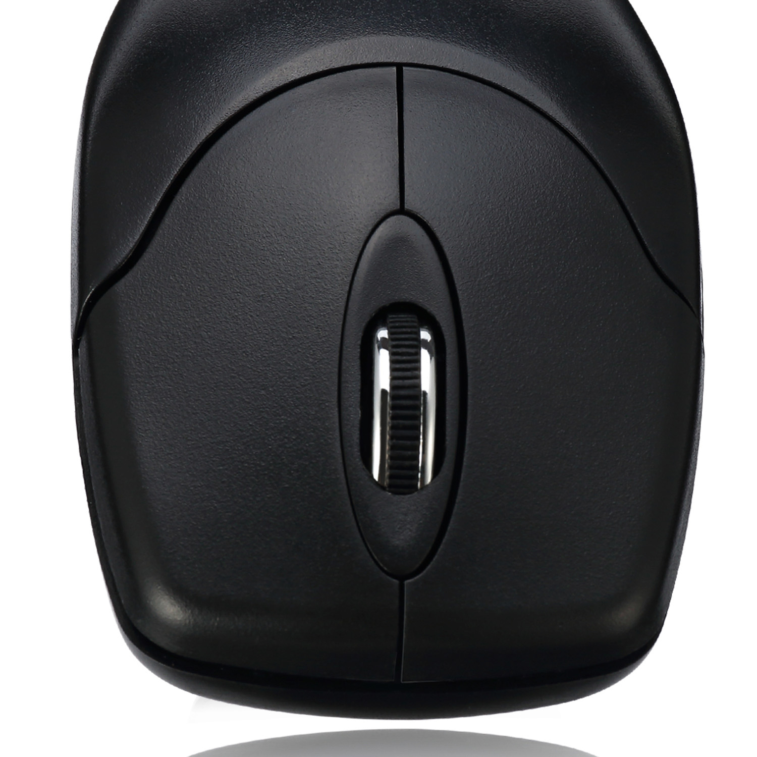 Mouse nero, vista dall'alto, con rotella.