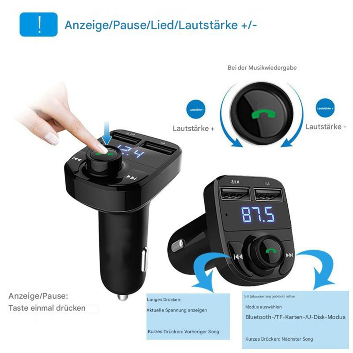 Autoladegerät mit Anzeige und Knöpfen. Anzeige zeigt 12,4 und 87,5.
