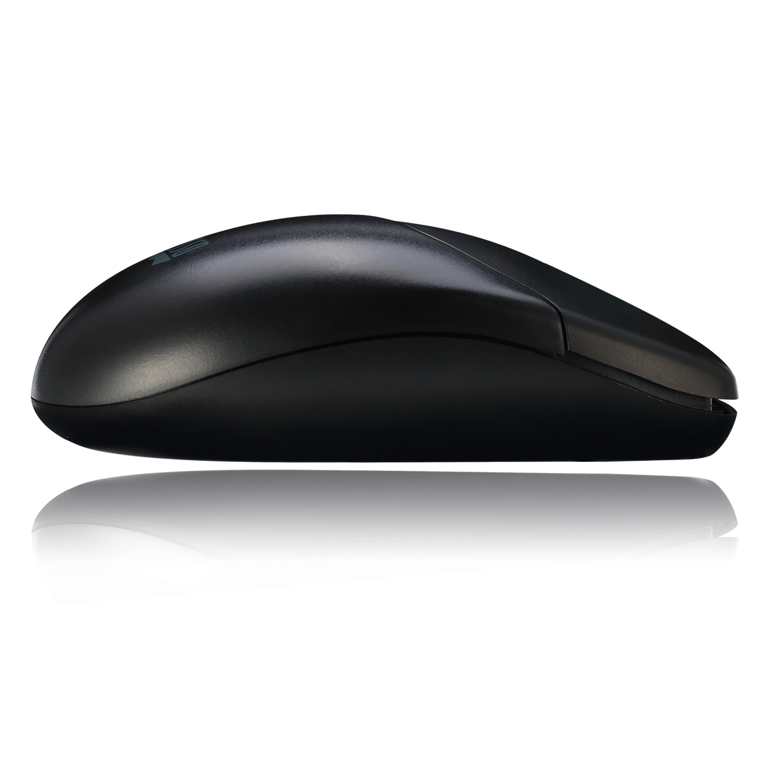 Mouse nero, vista laterale, che si riflette su una superficie bianca.