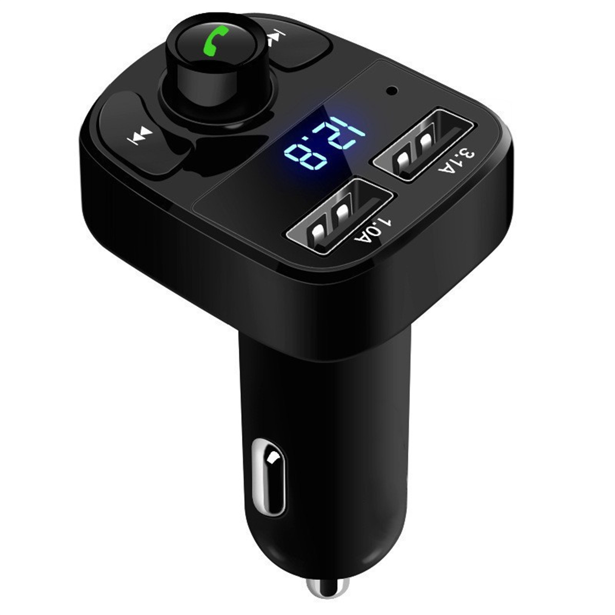 Schwarzes Autoladegerät mit Bluetooth und USB-Anschlüssen. Zeigt Spannung an. Tasten für Musiksteuerung und Anrufe.