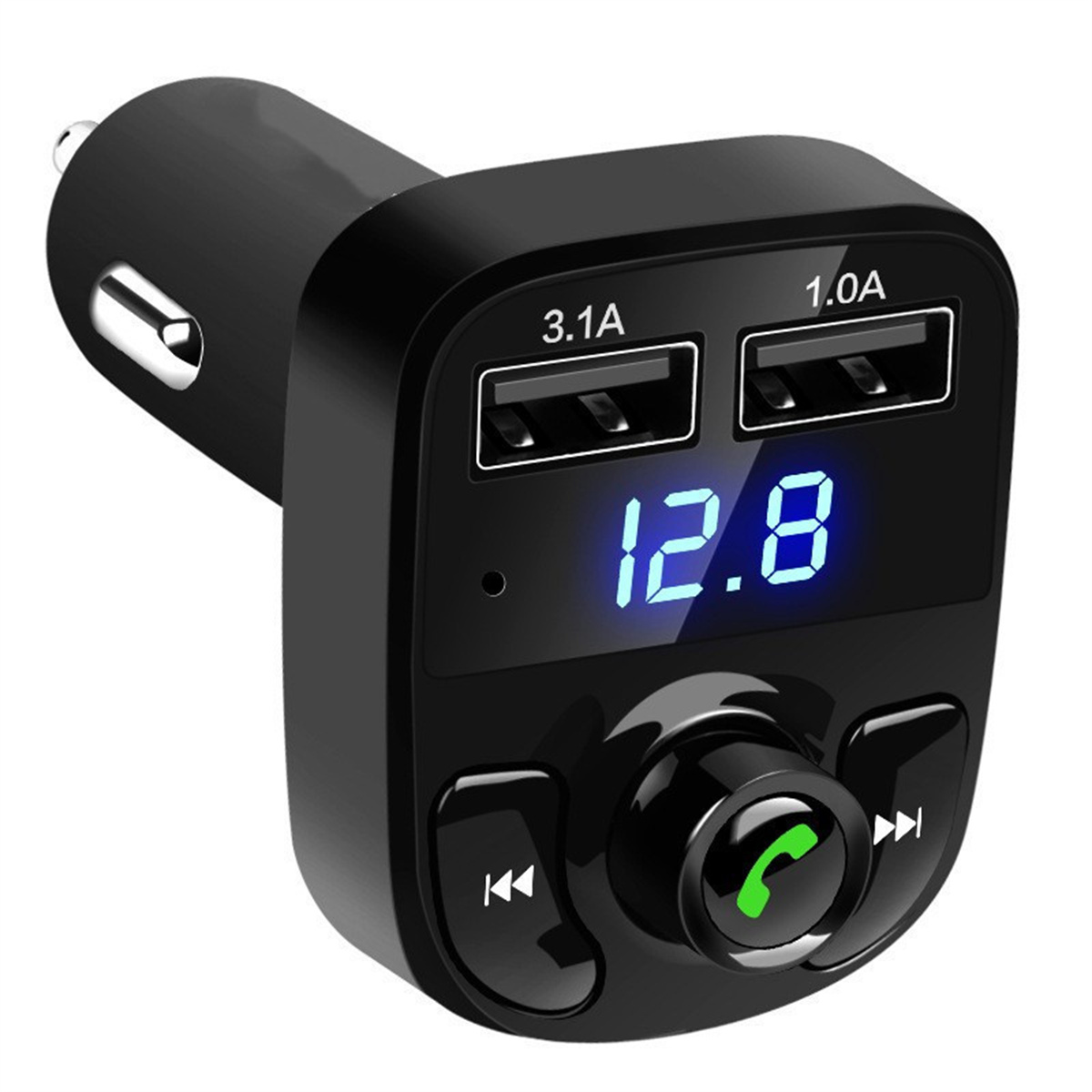 Schwarzes Autoladegerät mit USB-Anschlüssen, Digitalanzeige mit 12,8 und Bedientasten.