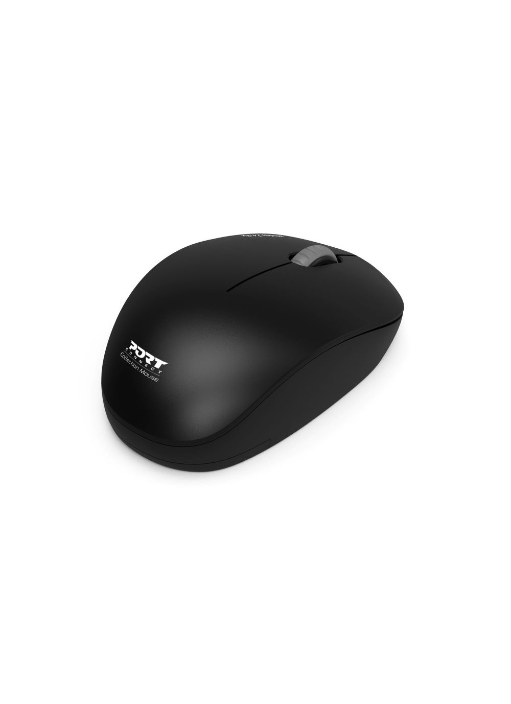 Black mouse with PORT logo. Simple design. Slightly angled view.