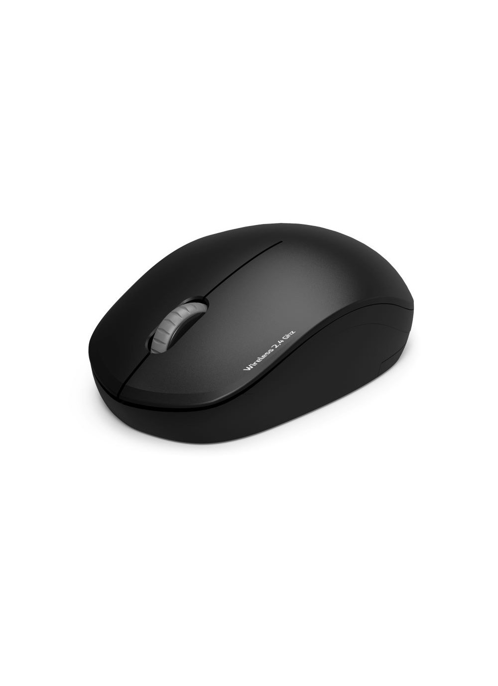 Black wireless mouse with a scroll wheel. It has the text: Wireless 2.4 GHz.