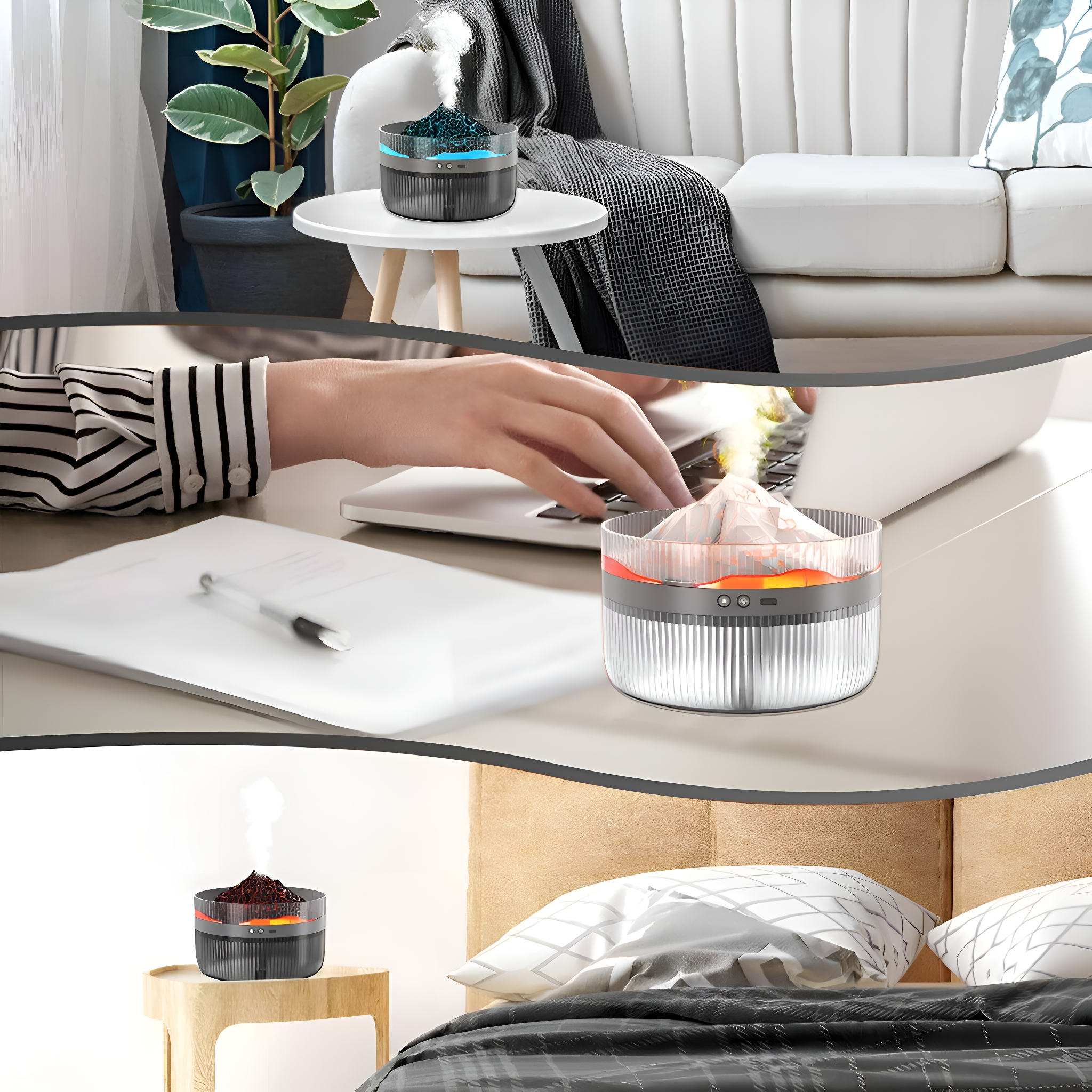 Luftbefeuchter, zeigt Vulkan-Design, in verschiedenen Szenen. Weiße Couch und Bett im Hintergrund.