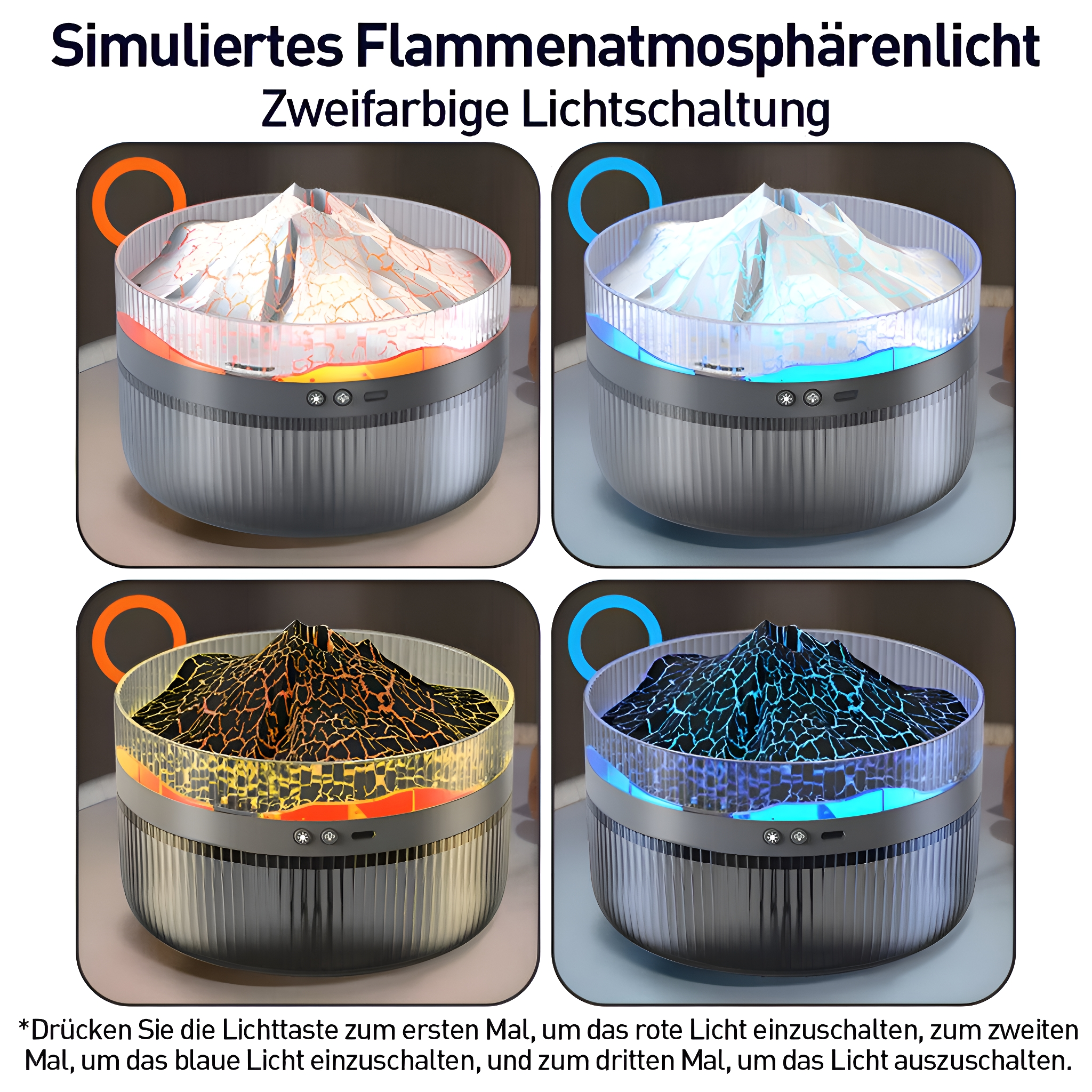 Vier Bilder eines Lichts mit simulierten Flammeneffekten, mit verschiedenen Farbschemata.