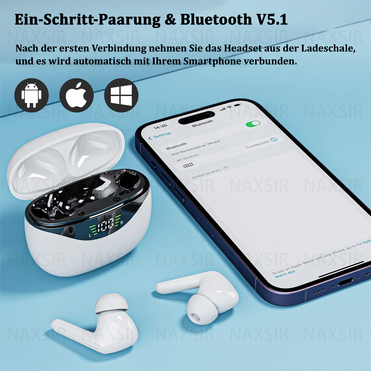 Weiße Ohrhörer mit Ladecase und Telefon.