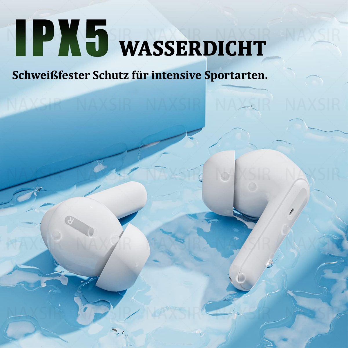 Weiße kabellose Kopfhörer im Wasser. Text über wasserdichte und schweißfeste Eigenschaften.