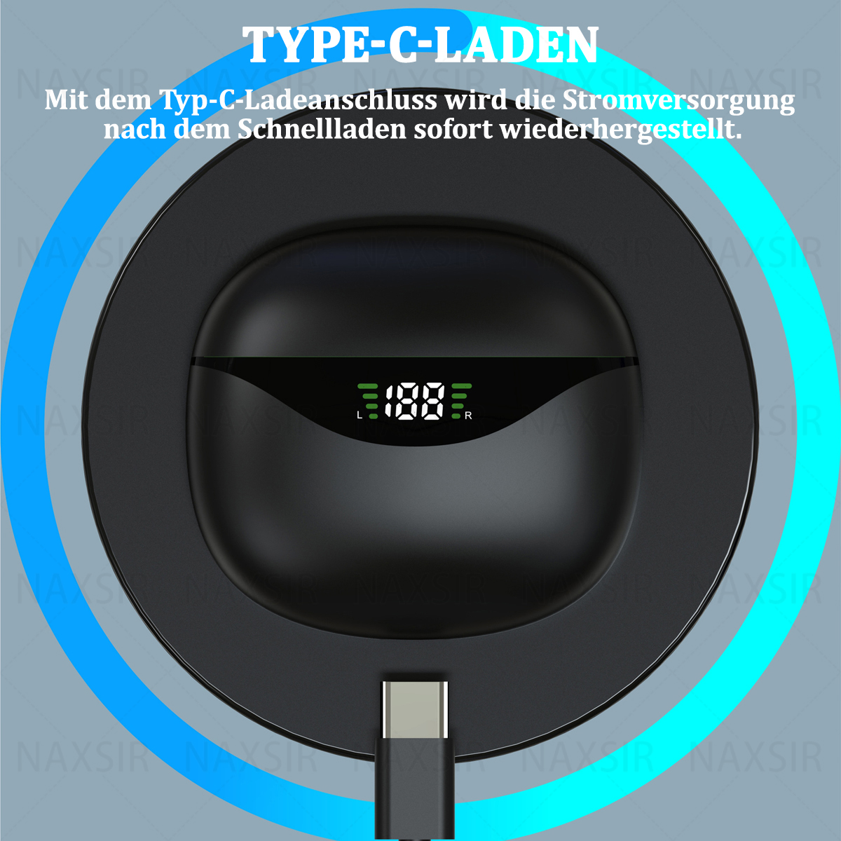 Eine schwarze Ladestation mit Ladekabel. Die Basis lädt ein Paar Ohrhörer.
