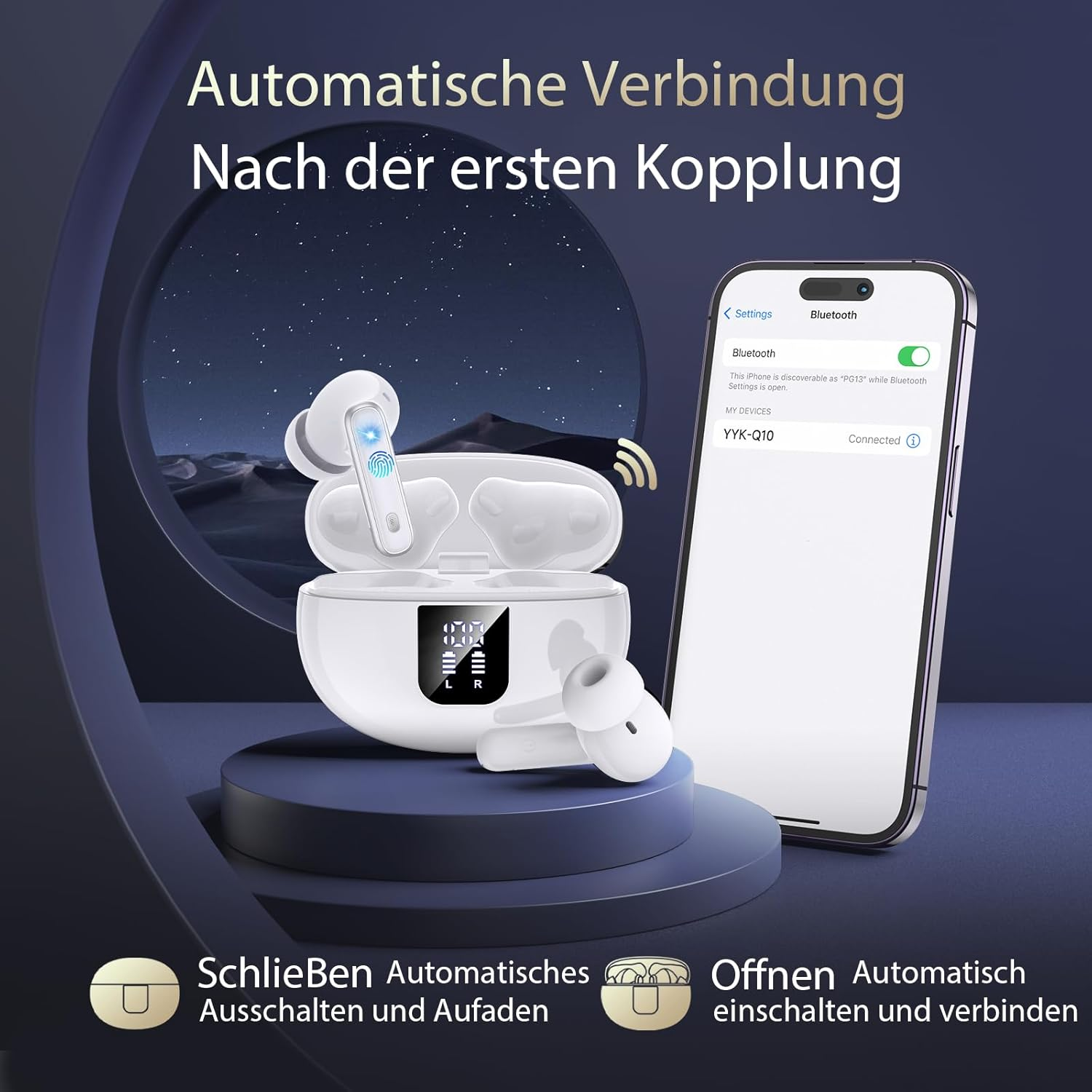 Weiße und blaue Kopfhörer auf einem Ständer, mit einem Telefon und Bluetooth-Einstellungen auf dem Bildschirm. Weißer Hintergrund.