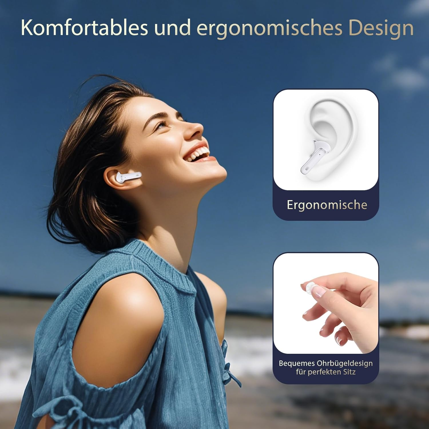 Eine lächelnde Frau mit Ohrhörern. Diagramme zeigen das ergonomische Design und die Form des Ohrhörers.