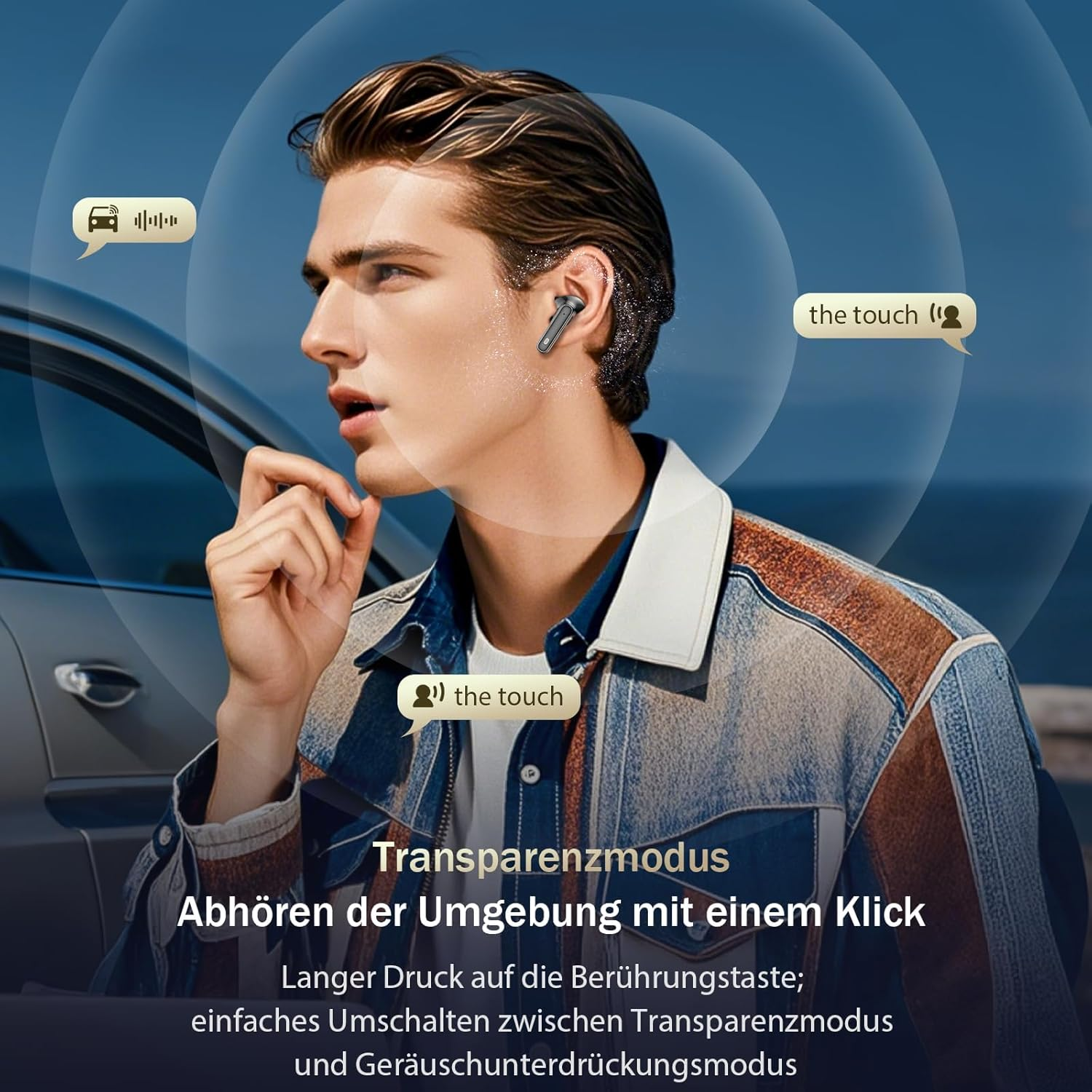 Mann mit Ohrhörern, mit Text und Symbolen zum Transparenzmodus.