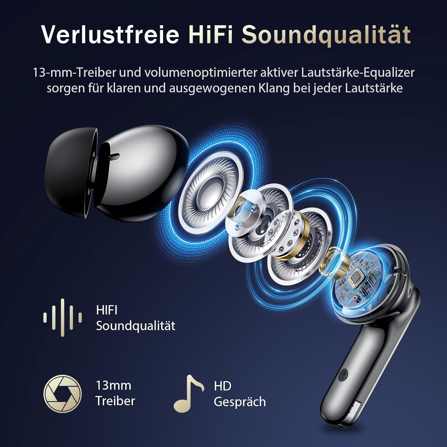 Ohrhörer mit Tech-Diagramm. Schwarze, silberne und weiße Ohrhörer-Komponenten auf blauem Hintergrund.