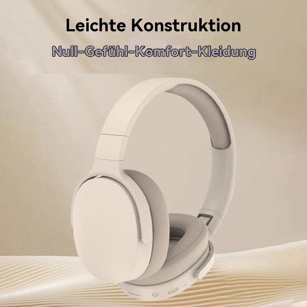 Weiße Kopfhörer mit grauen Akzenten. Text lautet: 'Leichte Konstruktion. Null-Gefühl-Komfort-Kleidung'.