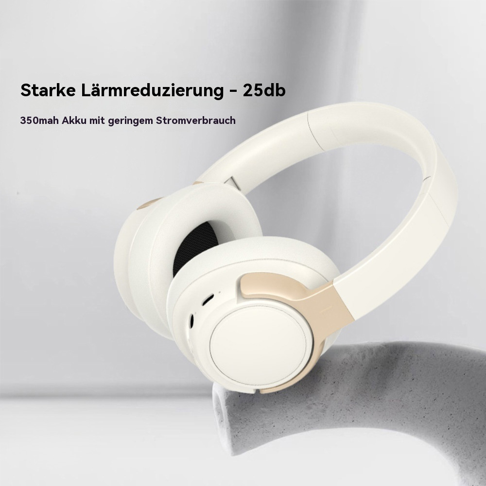 Weiße Kopfhörer mit goldenen Akzenten auf weißem Hintergrund. Text: Starke Lärmreduzierung - 25 dB.