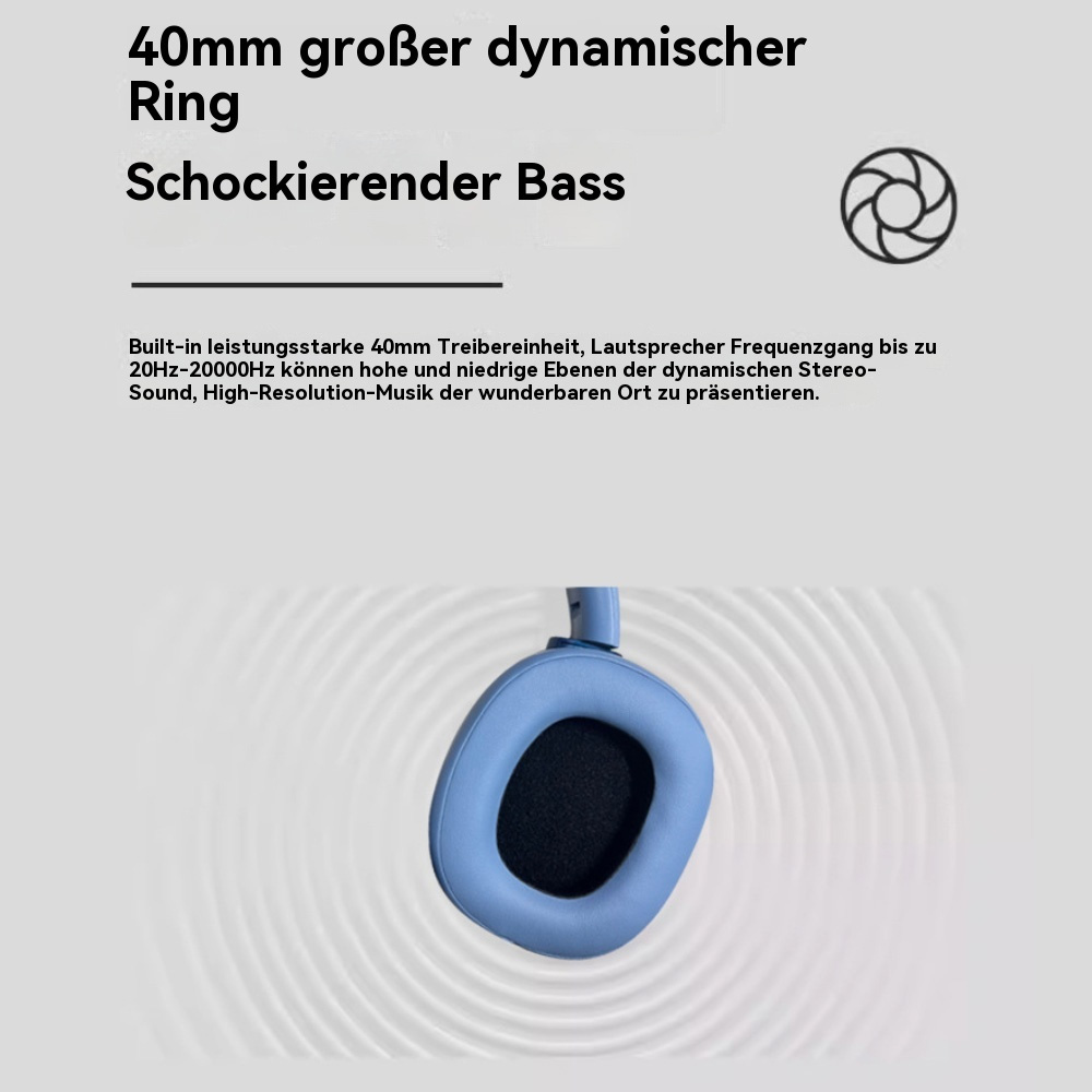Kopfhörer mit blauen Ohrmuscheln und einem schwarzen Mittelteil. Text beschreibt Bass und Klangeigenschaften.