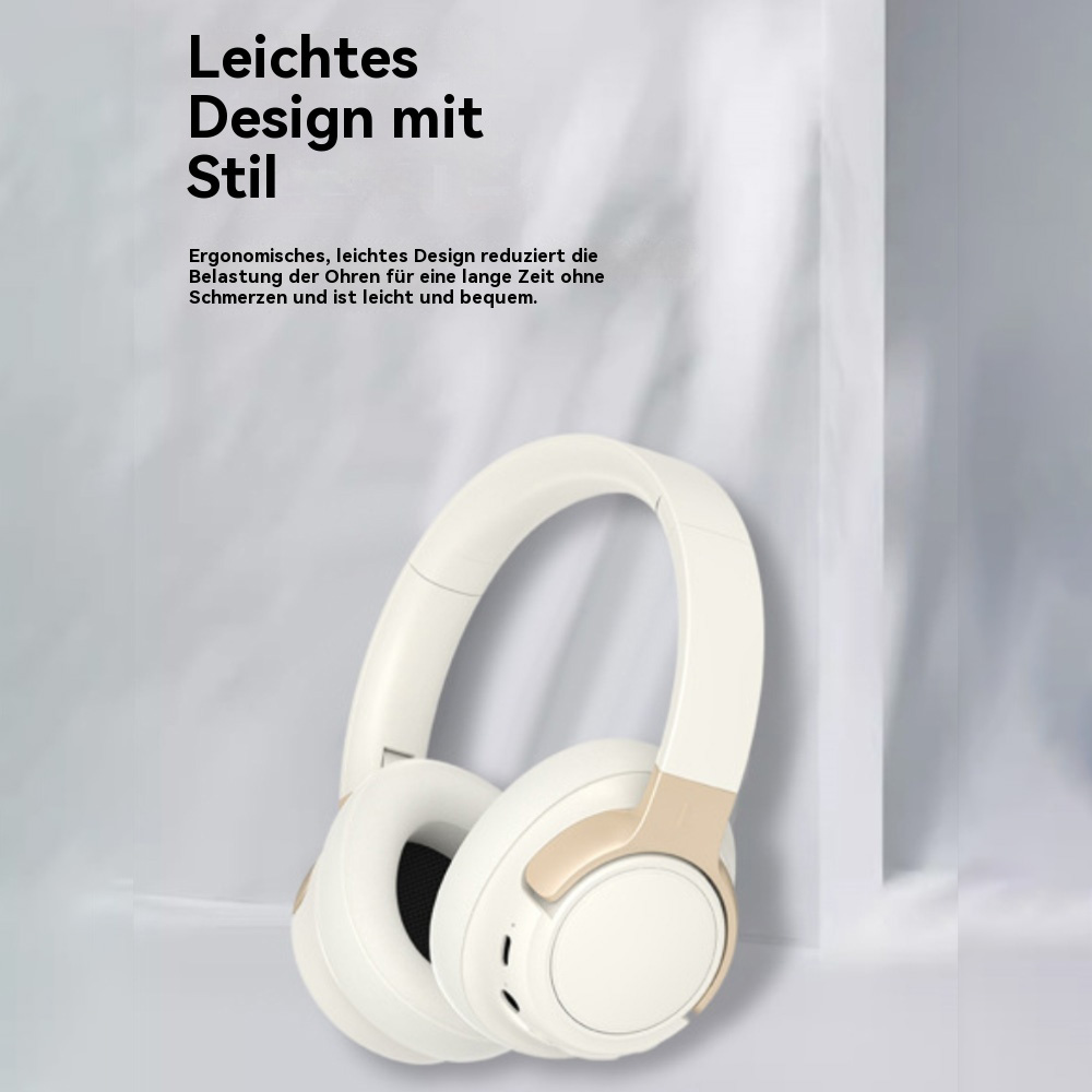 Weiß-goldene Kopfhörer auf weißer Oberfläche, mit Text: 'Leichtes Design mit Stil'.