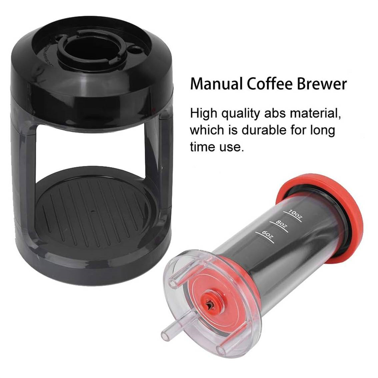 Manueller Kaffeezubereiter. Er enthält einen schwarzen Behälter und einen transparenten Behälter mit Messungen und einem roten Deckel.