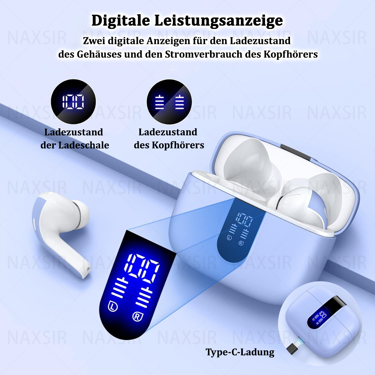 Ohrhörer und Ladecase mit Digitalanzeigen, die Ladestände anzeigen. Text auf Deutsch über Laden und Ohrhörerladung.