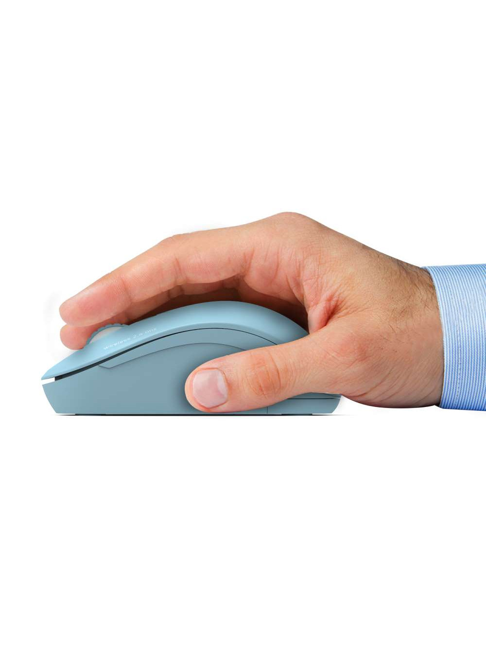 Hand holding a blue mouse. The background is a white surface.