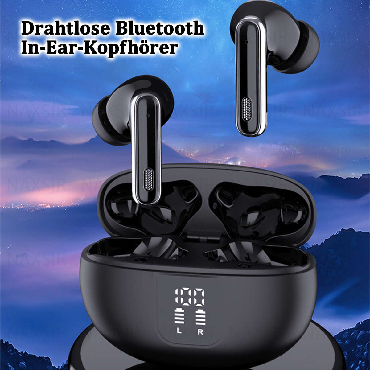 Schwarze kabellose In-Ear-Kopfhörer in ihrer Ladebox, vor einer Landschaft.