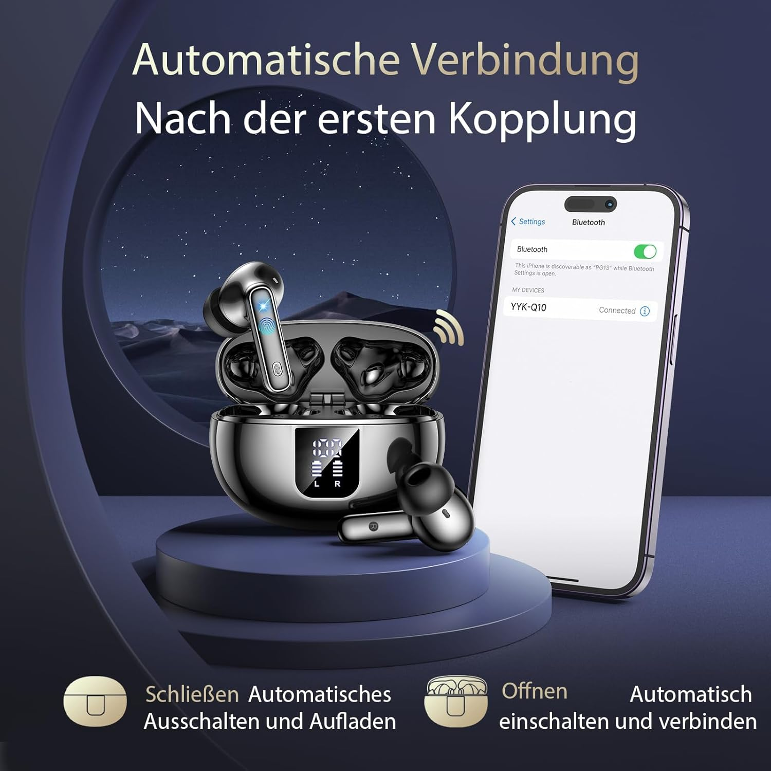 Ohrhörer mit Ladeetui und Telefon mit Bluetooth-Verbindung. Text: Automatische Verbindung.