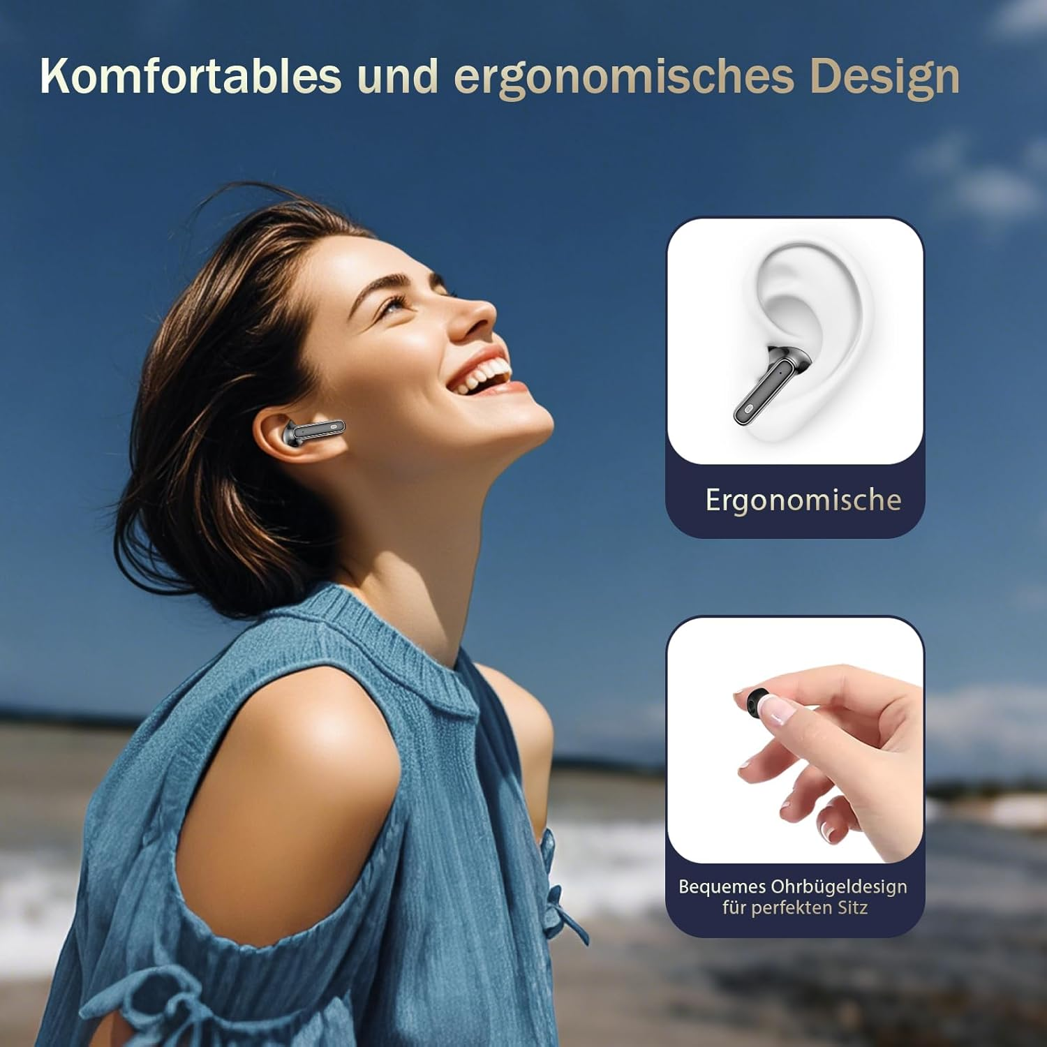 Eine lächelnde Frau mit Ohrhörern, mit Diagrammen, die Platzierung und Design zeigen.