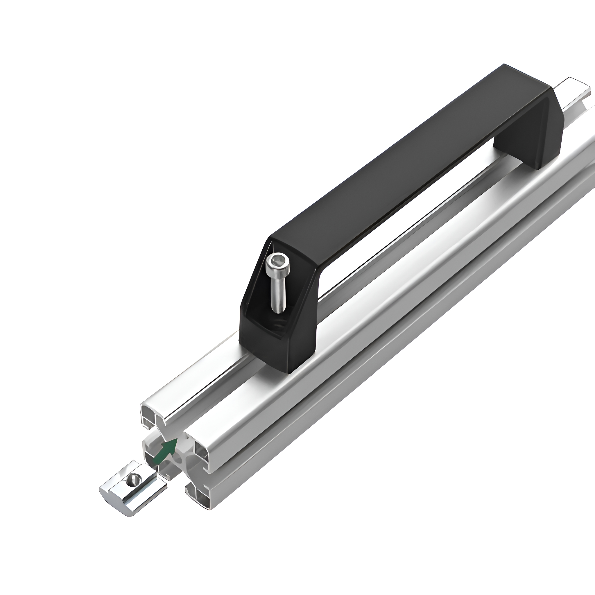 Schwarzer Griff an einer Metallschiene mit Schraube und Verbinder.