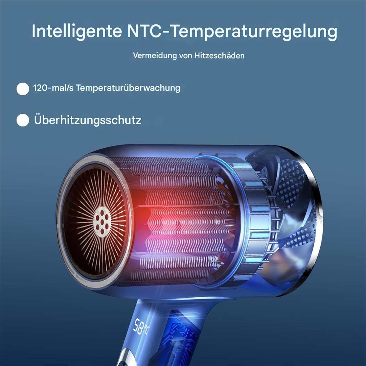 Haartrockner mit rotem Heizelement. Text über Temperaturregelung und Überhitzungsschutz.