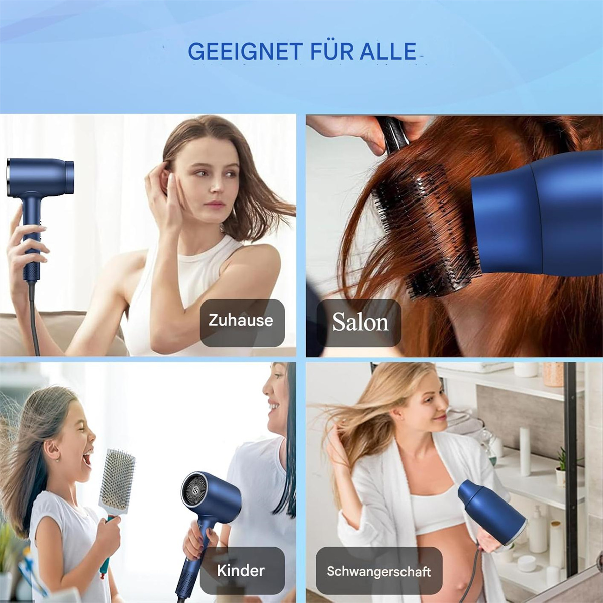 Ein Bild eines Haartrockners, der von Personen in verschiedenen Szenarien verwendet wird.