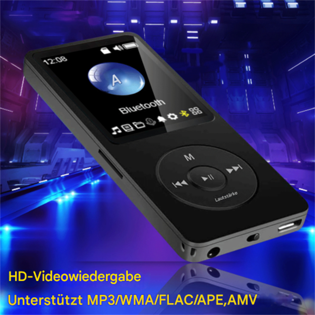 Schwarzer MP3-Player mit einem Bildschirm, der Informationen anzeigt. Text auf Deutsch wird auf dem Bildschirm angezeigt.
