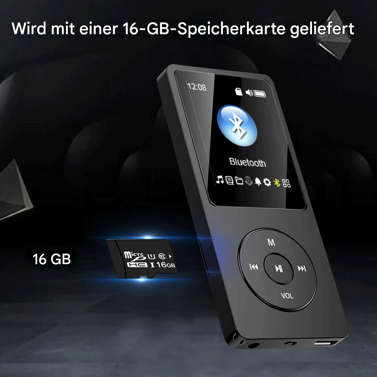 Schwarzer MP3-Player mit Bildschirm und Knöpfen. Mit 16 GB Speicherkarte. Schwarzer Hintergrund.