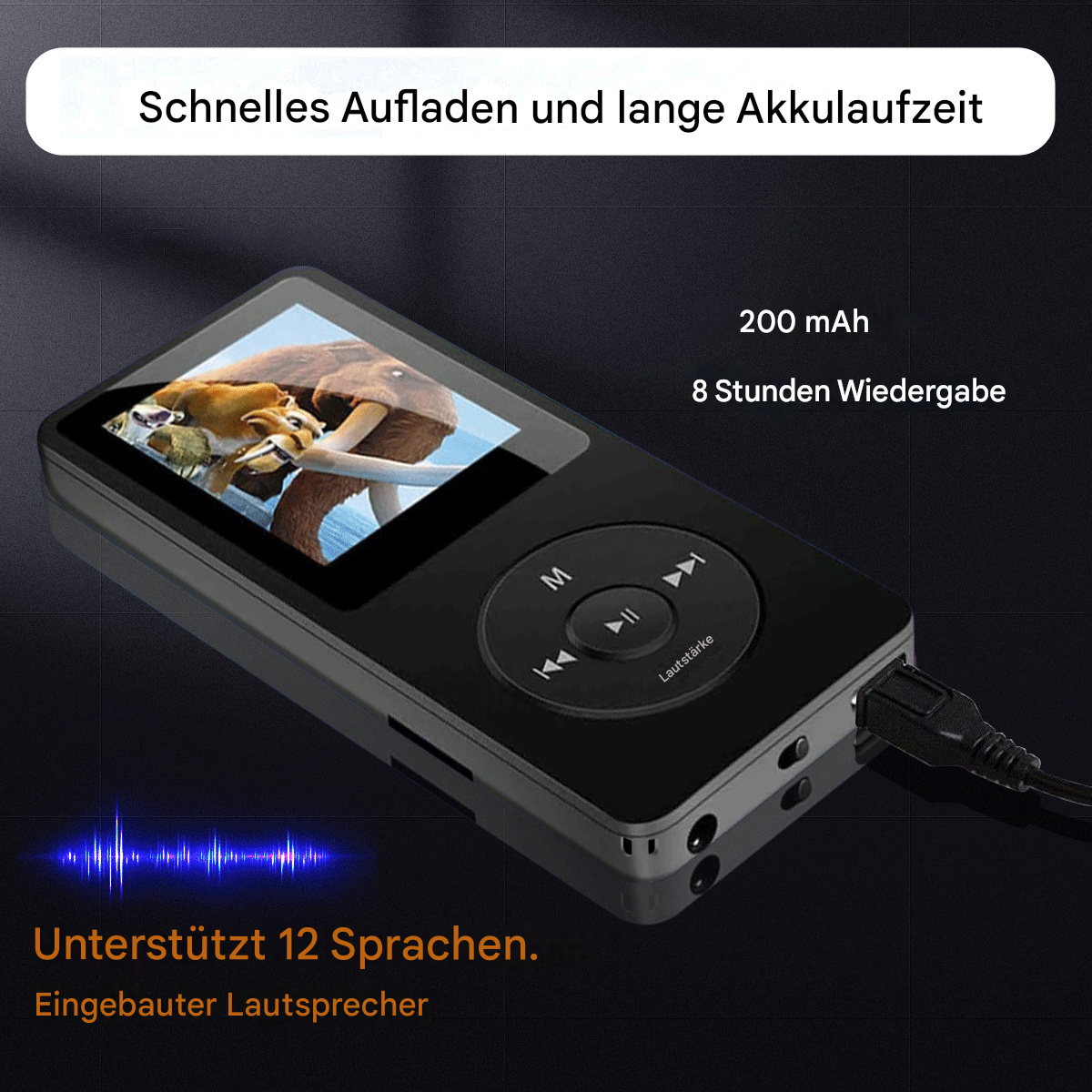 Schwarzer MP3-Player mit Bildschirm und Bedienelementen.