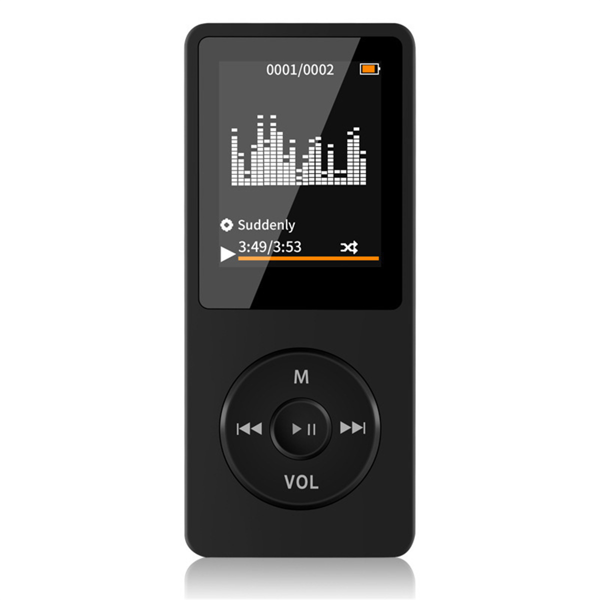 Schwarzer MP3-Player mit Bildschirm, der Song-Infos und Bedienelemente zeigt.