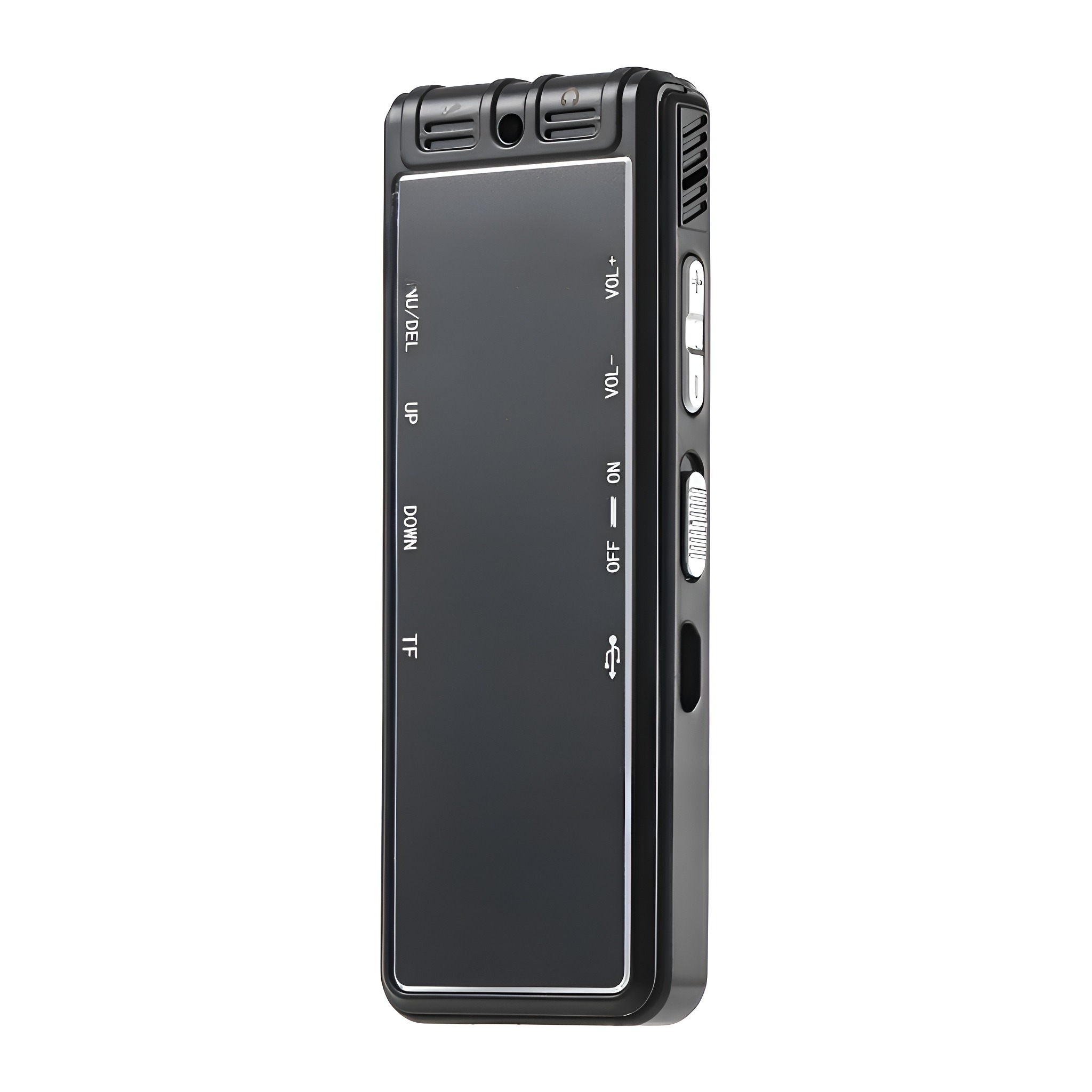 Schwarzer Hand-Audiorecorder mit Tasten für verschiedene Funktionen und einem kleinen Display.