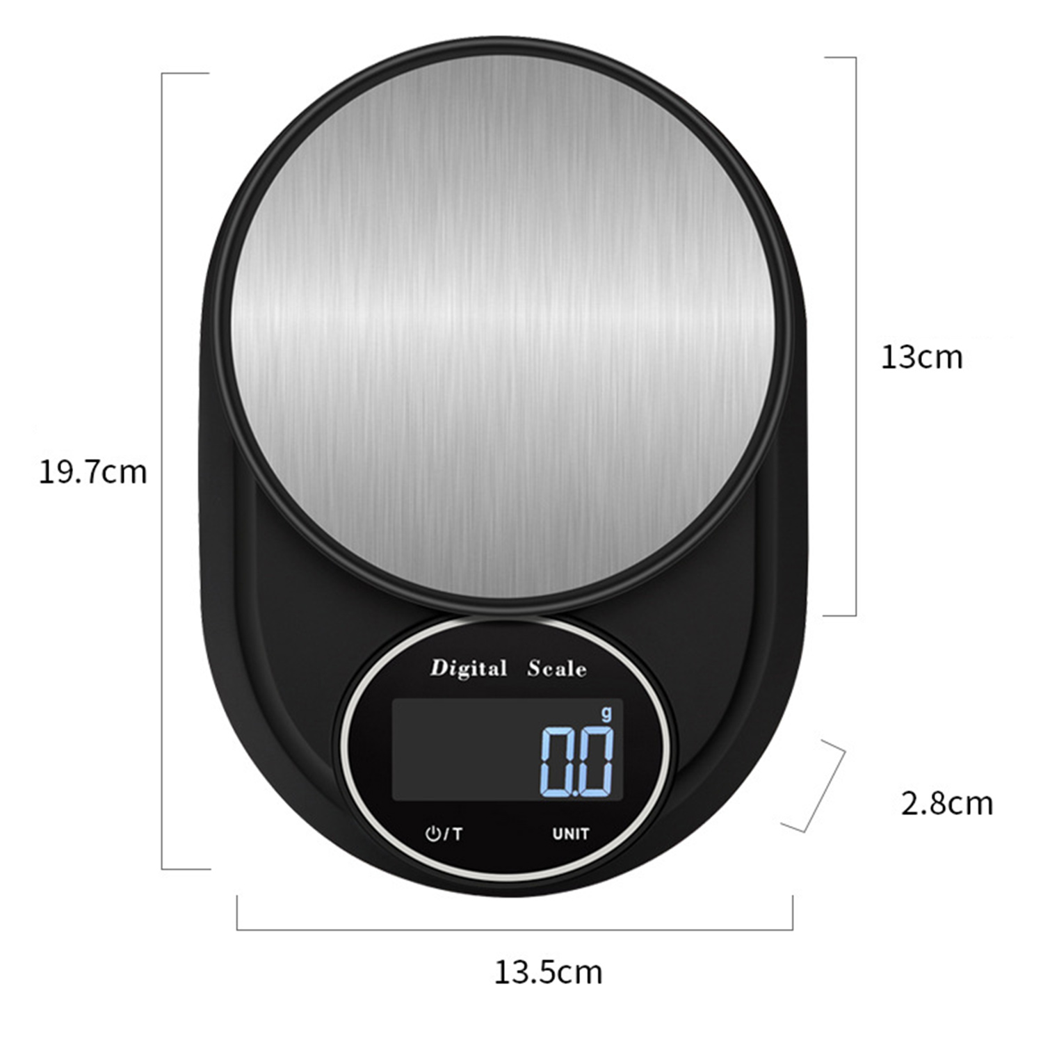 Runde, schwarze digitale Küchenwaage. Silberne Oberseite. Anzeige zeigt 0,0 g. Maße.