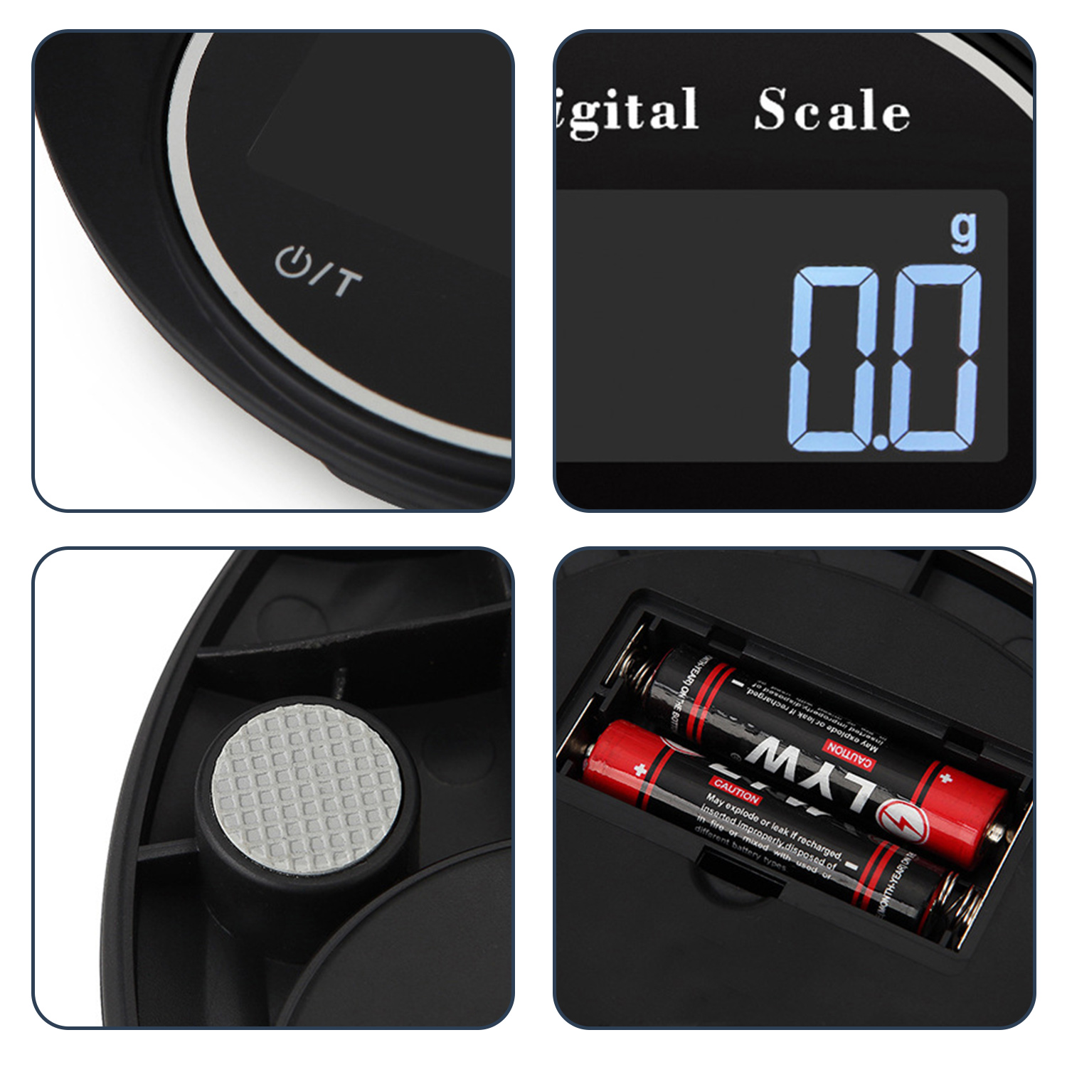 Nahaufnahme einer schwarzen Digitalwaage mit Anzeige 0,0. Zwei Batterien im Rücken.
