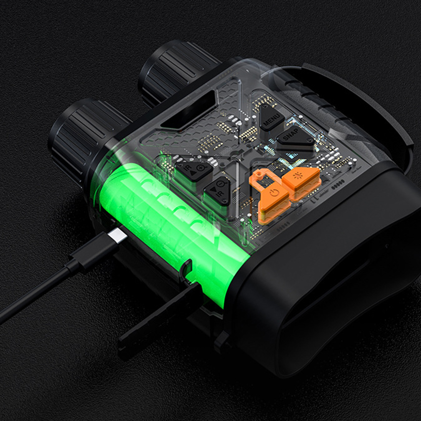 Nachtsichtfernglas mit grünem Batteriefach, Ladekabel und Bedienknöpfen.