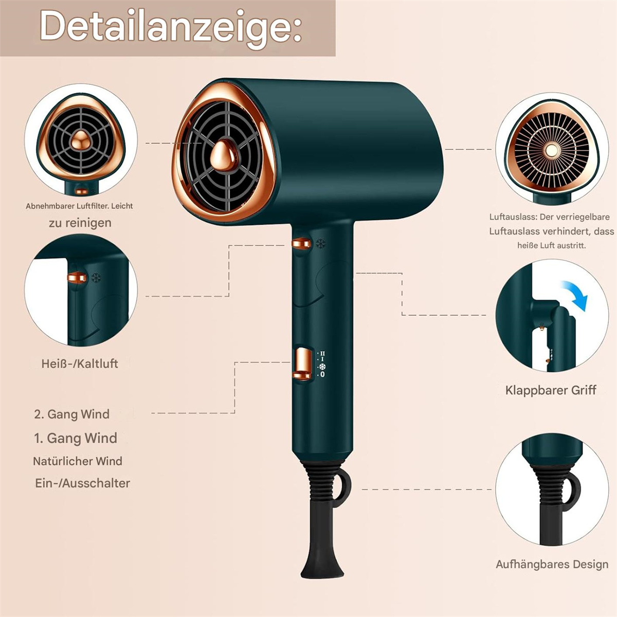 Diagramm eines türkisfarbenen Haartrockners mit Beschreibungen seiner Funktionen.