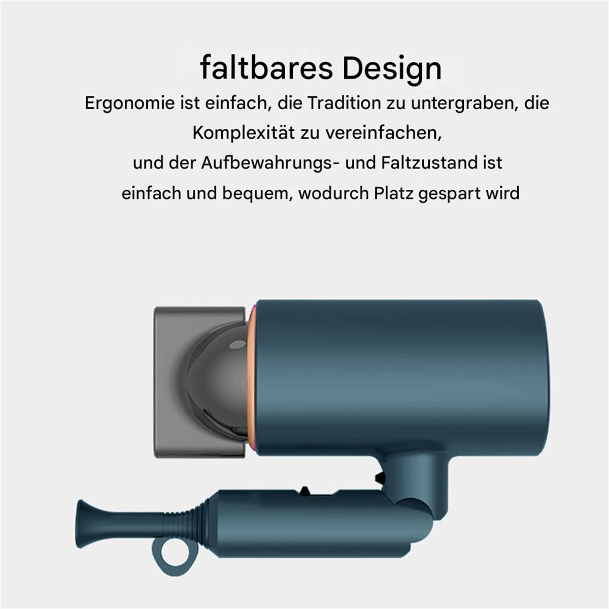 Blauer Haartrockner mit Text, vor weißem Hintergrund. Hat ein faltbares Design.