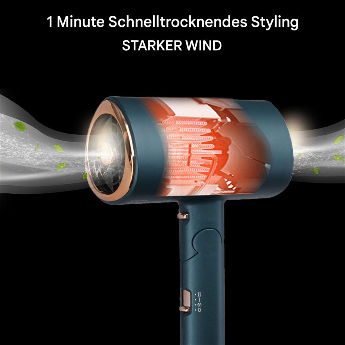 Haartrockner mit Blick ins Innere und Wind.