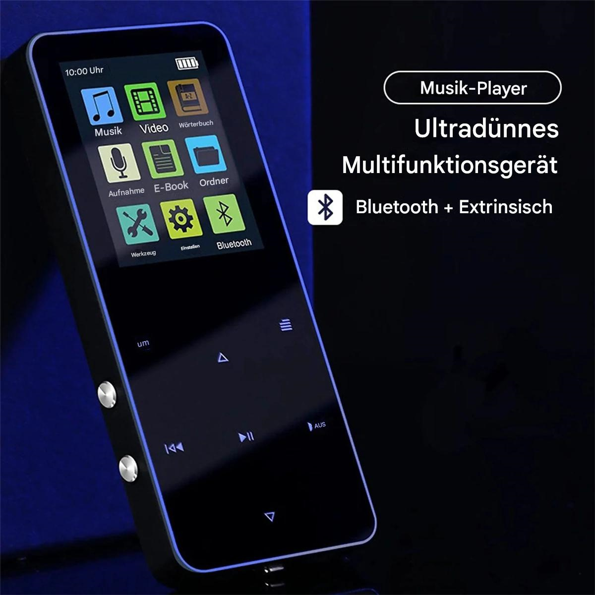 Schwarzer Musikplayer mit einem Bildschirm, der Symbole für Musik, Video und E-Book anzeigt.
