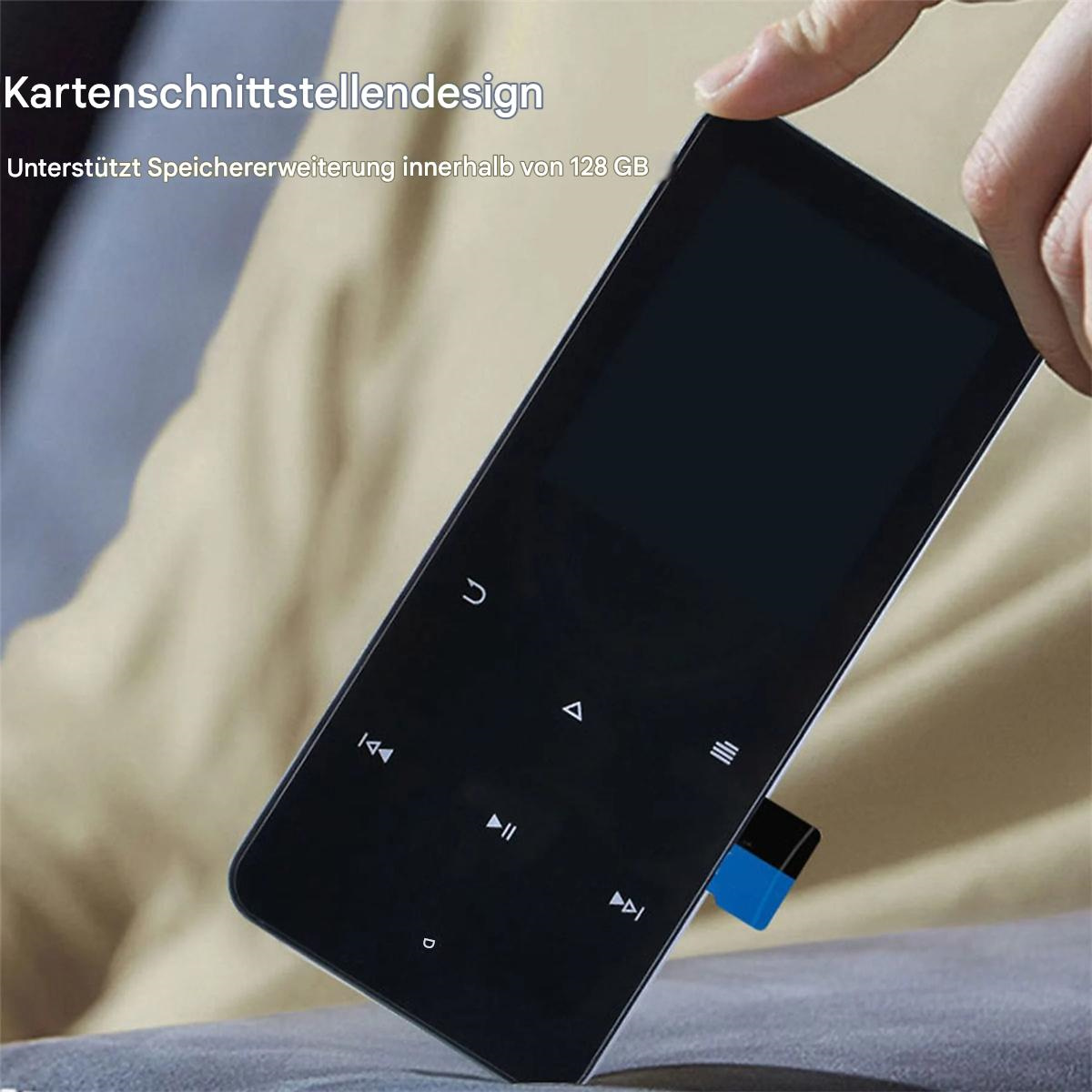 Ein schwarzes Tablet mit Touchscreen wird von einer Hand gehalten.