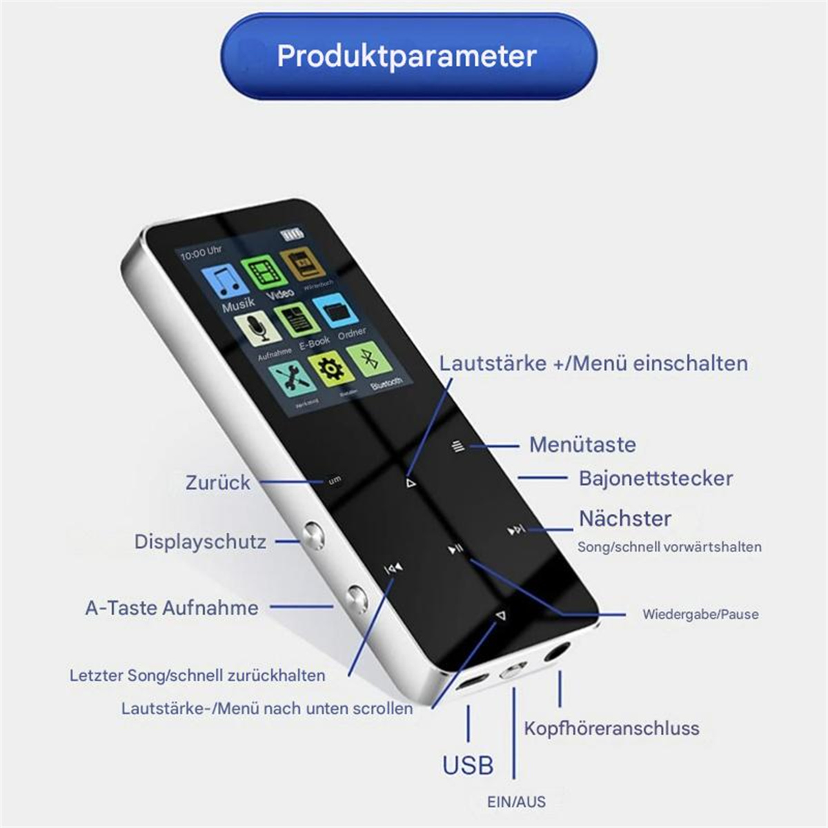 Ein silberner MP3-Player mit einem Bildschirm, der Symbole und Text anzeigt. Knöpfe sind beschriftet.