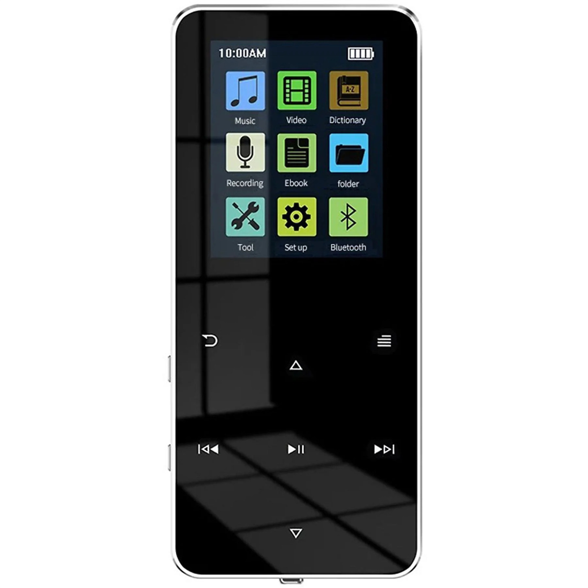 Schwarzer digitaler Musikplayer mit verschiedenen Symbolen auf dem Bildschirm.
