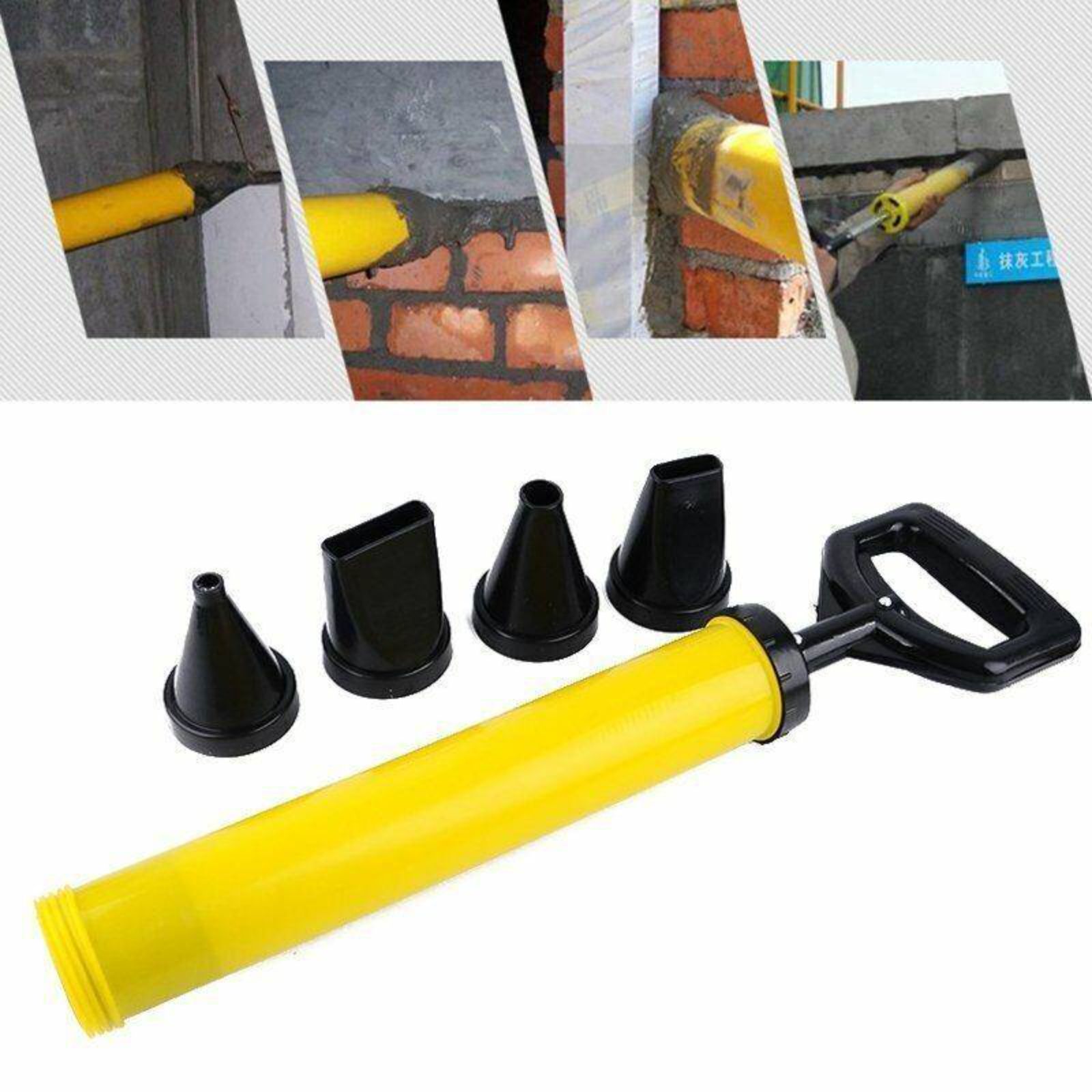 Gelbe Kartuschenpistole mit schwarzen Düsen und gelbem Griff. Baustelle im Hintergrund.