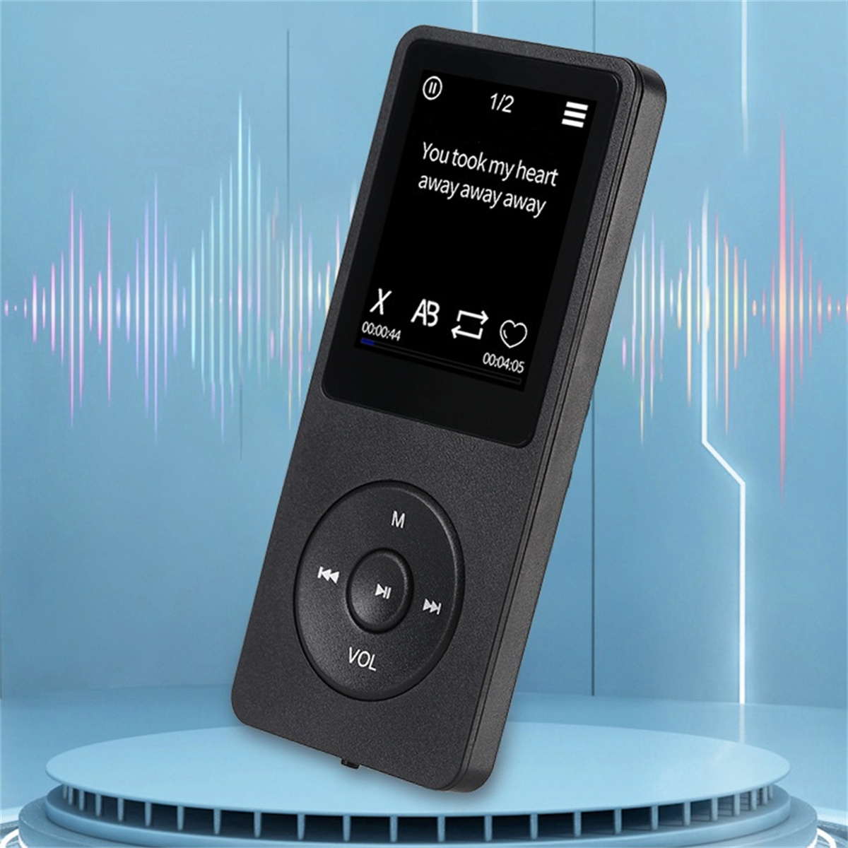 Schwarzer MP3-Player mit einem Bildschirm, der Liedtexte anzeigt, und Bedienelementen auf blauem Hintergrund.
