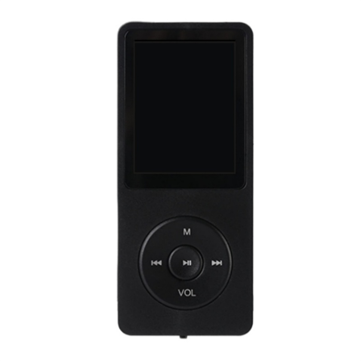 Ein schwarzer MP3-Player. Es hat einen Bildschirm, der nichts anzeigt. Unten befinden sich Steuertasten: M, Play/Pause und Vorwärts/Rückwärts.
